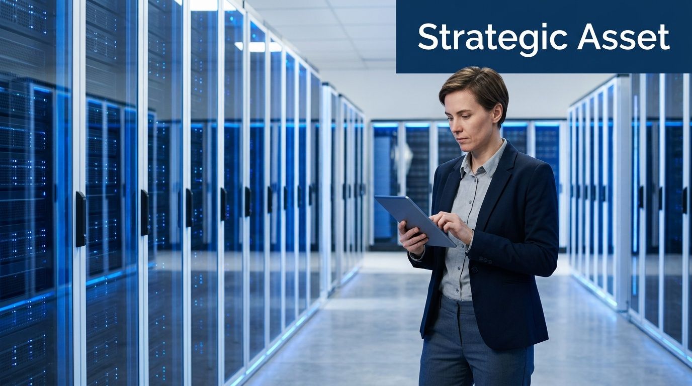A professional woman in a suit using a tablet while standing in a modern server room.