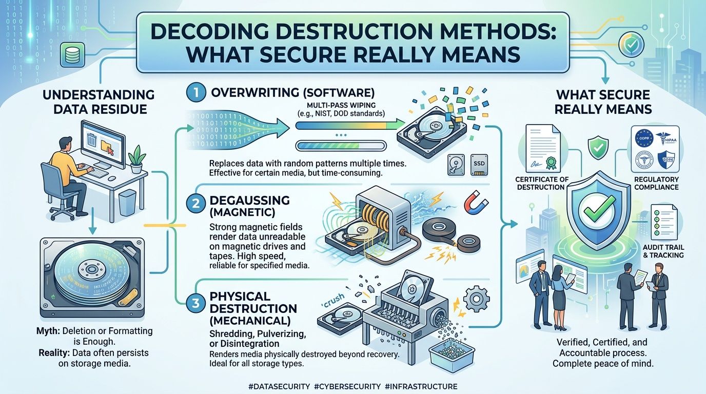 An infographic detailing secure data destruction methods like overwriting, degaussing, and physical shredding for electronic devices.