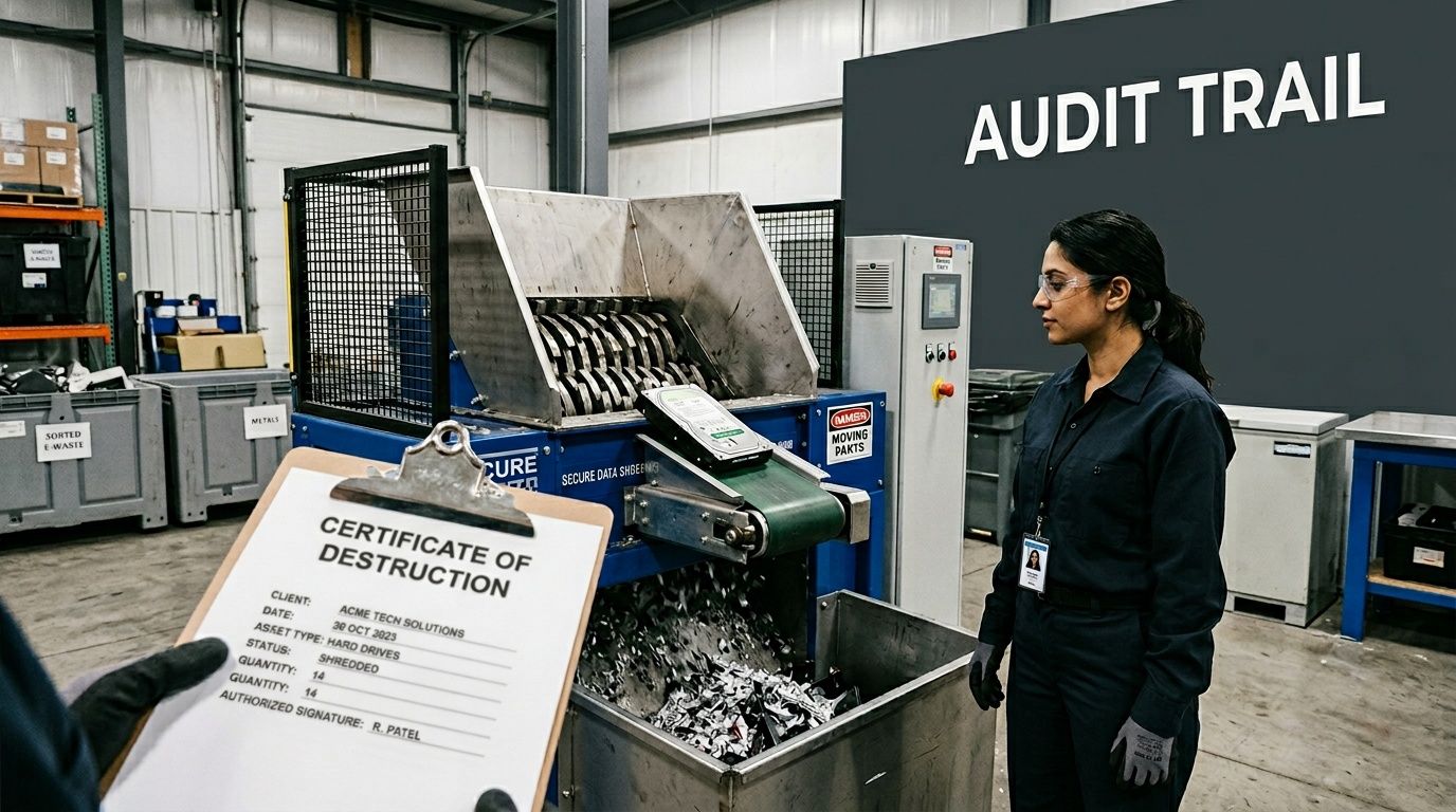 A professional worker supervising the shredding of hard drives in a secure industrial data destruction facility.