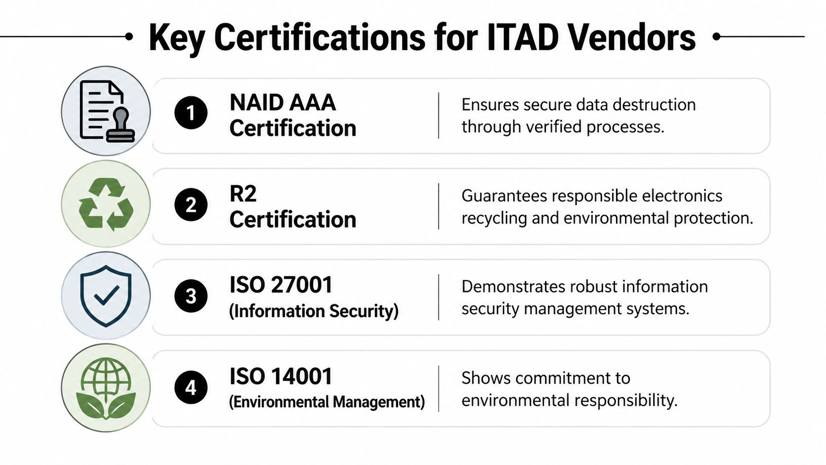 A list of four key certifications for ITAD vendors, focusing on secure data destruction and environmental responsibility.