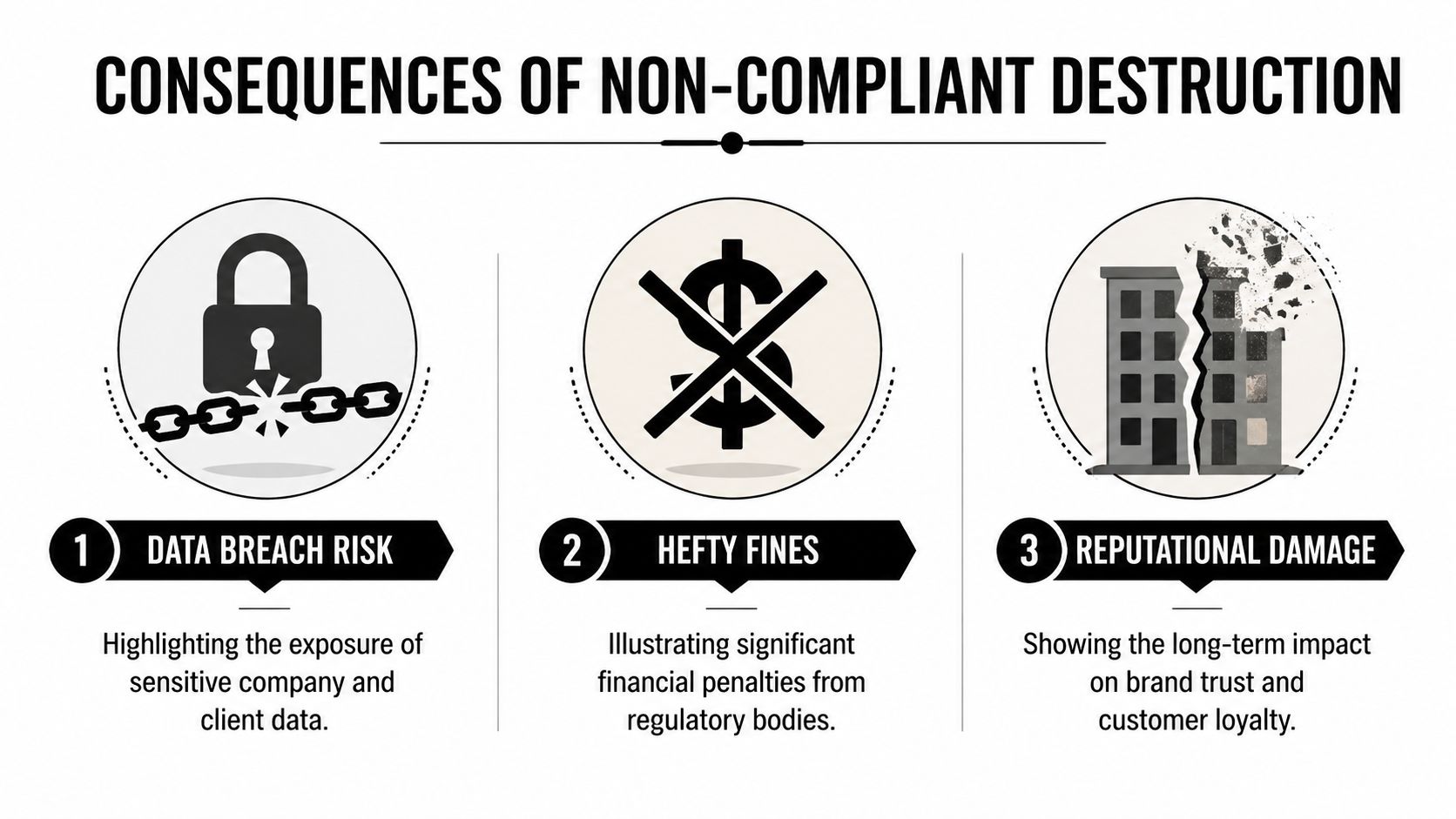 An infographic titled Consequences of Non-Compliant Destruction listing data breach risks, hefty fines, and reputational damage.