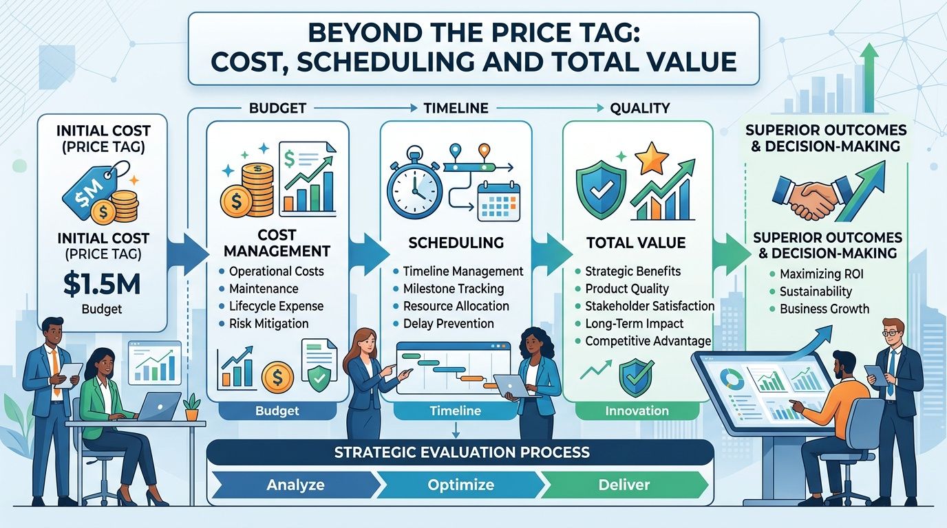 A professional infographic illustrating the strategic evaluation process of budget, timeline, and total value in business projects.