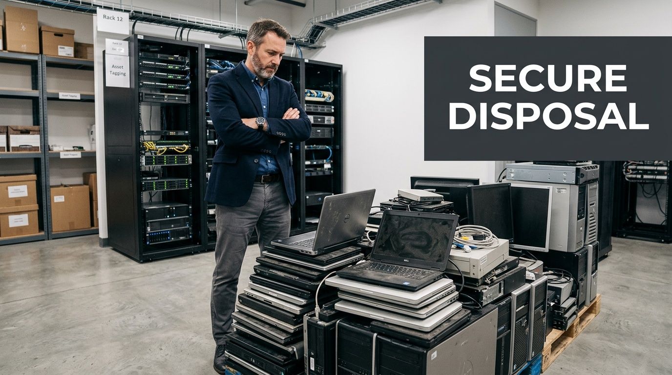 A professional man standing next to a large pile of old laptops and computers for secure disposal.