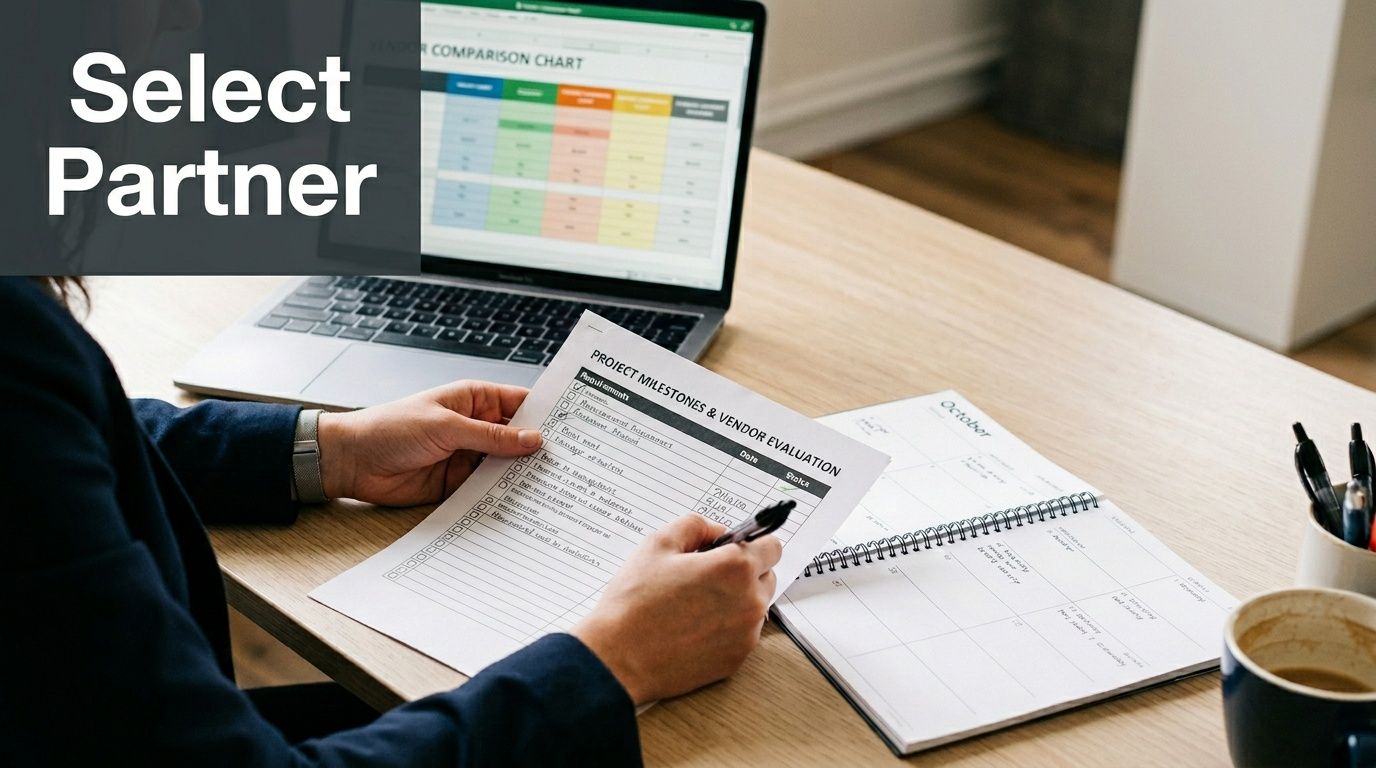 A professional analyzing a vendor evaluation checklist while working on a laptop at a desk.