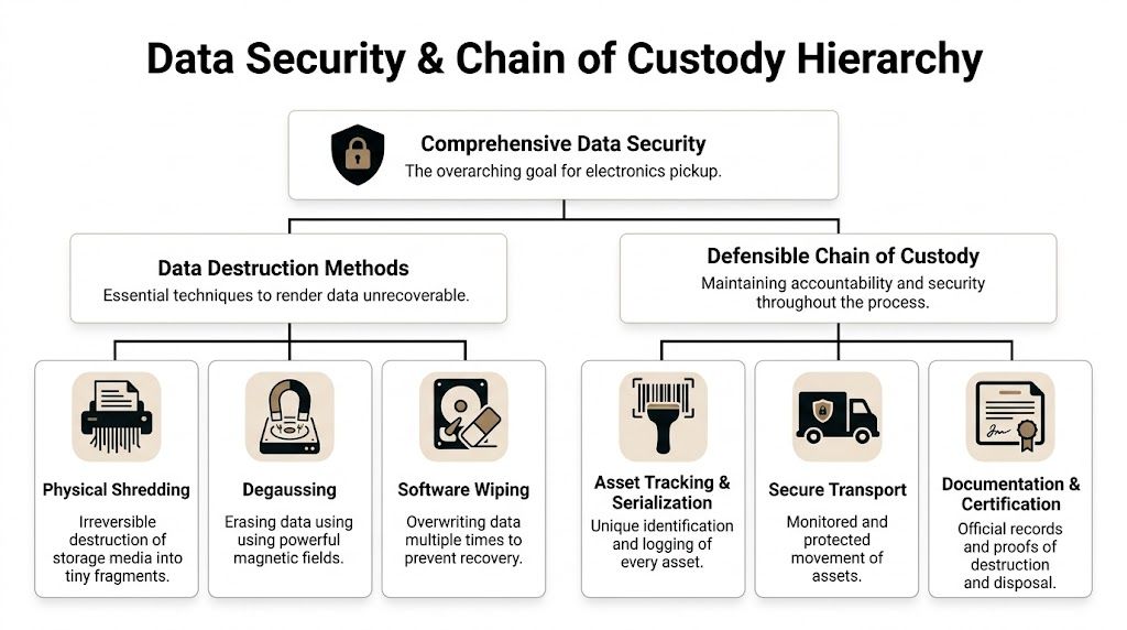 A hierarchical flow chart illustrating data security, destruction methods, and chain of custody for electronics pickup.
