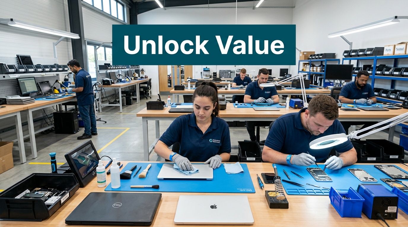 Technicians wearing gloves carefully repairing laptops and mobile electronic devices in a professional modern workshop setting.