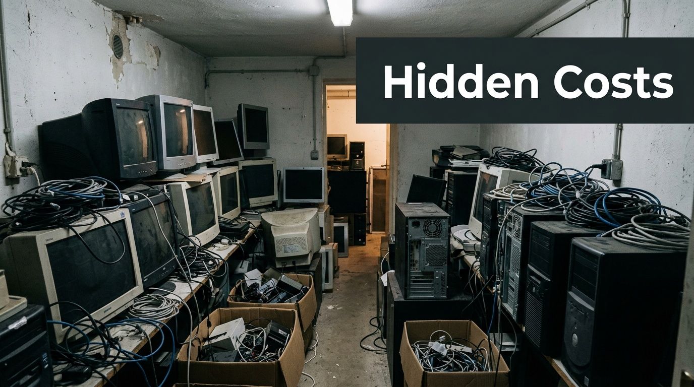 A cluttered room filled with outdated computer monitors, desktop towers, and tangled cables representing electronic waste disposal.