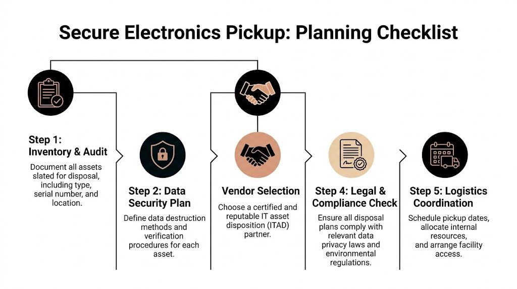 A five-step planning checklist for the secure pickup and disposal of electronic assets and equipment.