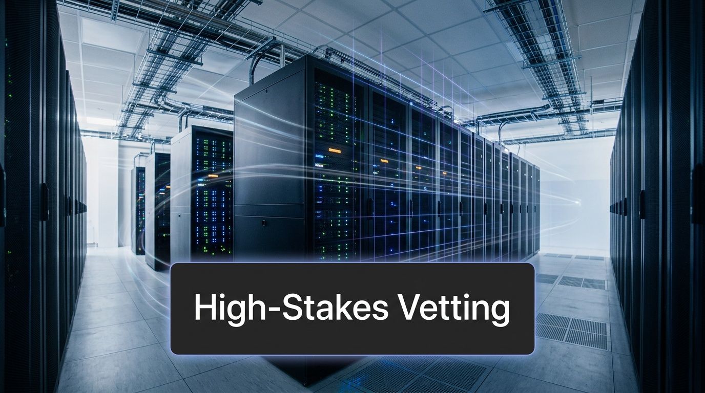 A modern data center server room with rows of black server racks under cool blue lighting.