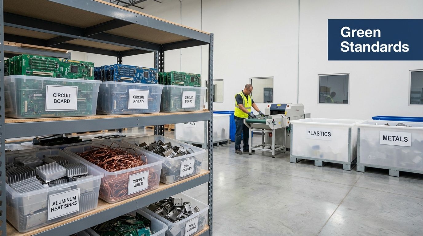 A worker sorting electronic components in a recycling warehouse with organized bins labeled for various materials.