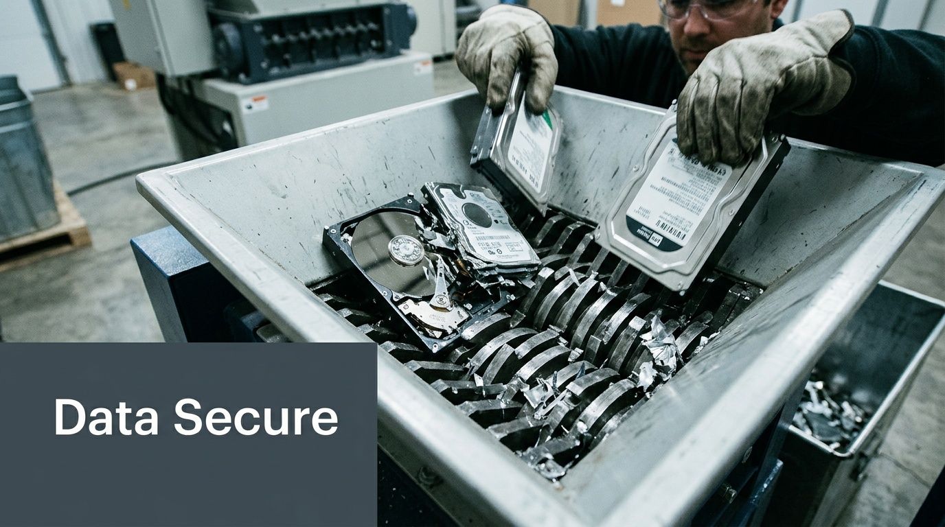 A technician wearing protective gloves destroys old computer hard drives in an industrial shredding machine for security.