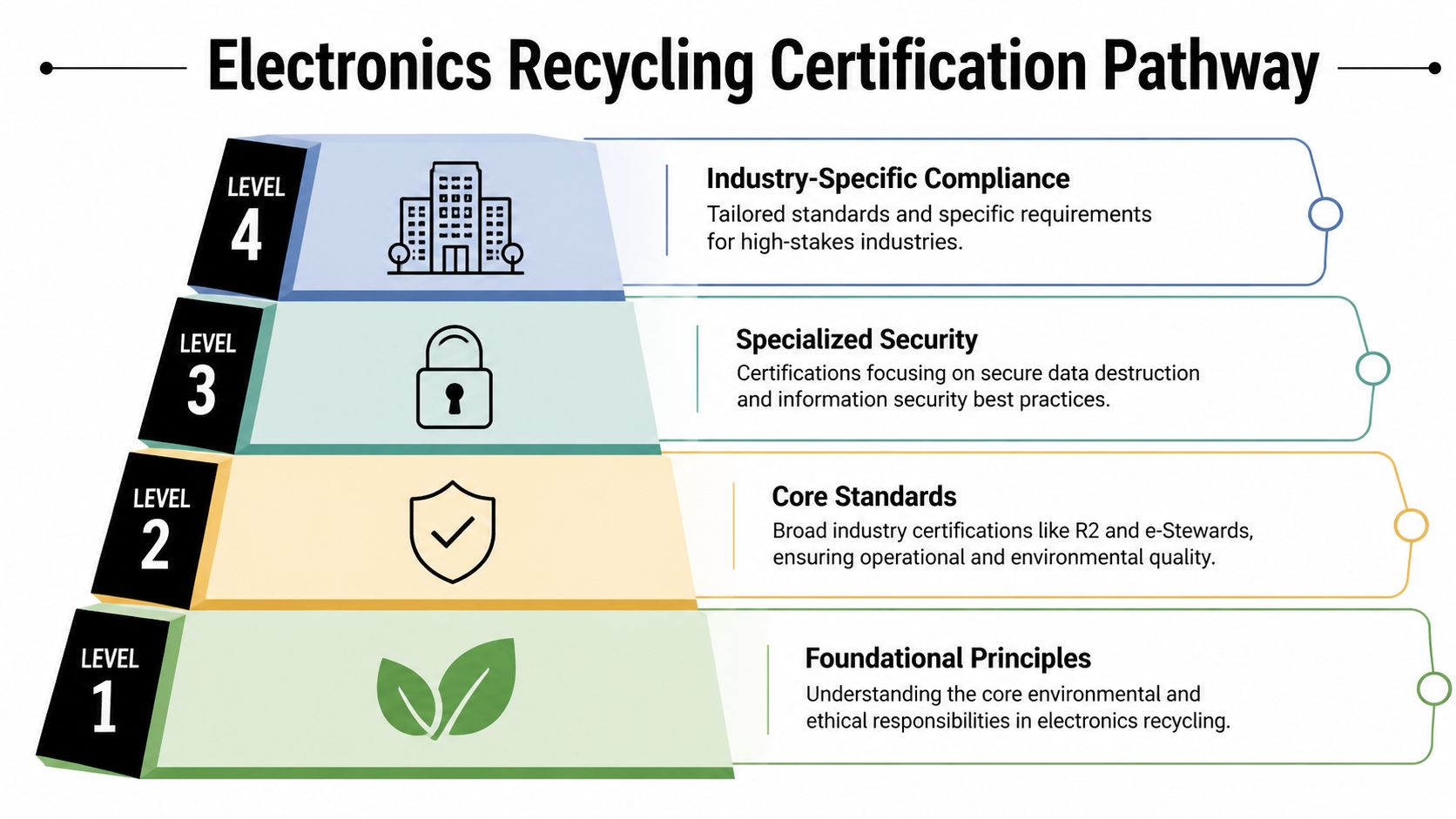 A four-level pyramid infographic illustrating the certification pathway for responsible and secure electronics recycling processes.