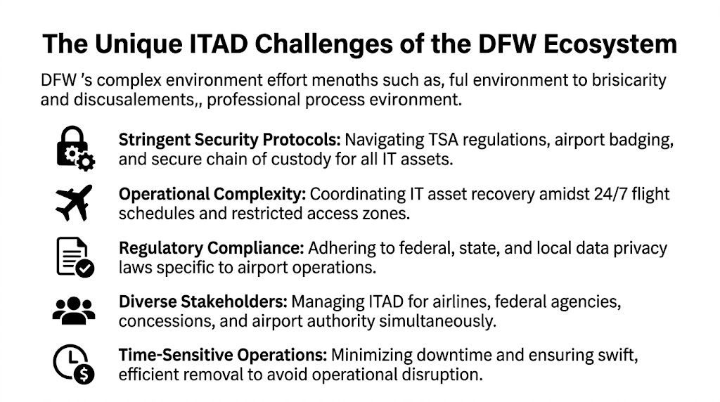 A list outlining unique ITAD challenges within the Dallas Fort Worth International Airport ecosystem including security and compliance.