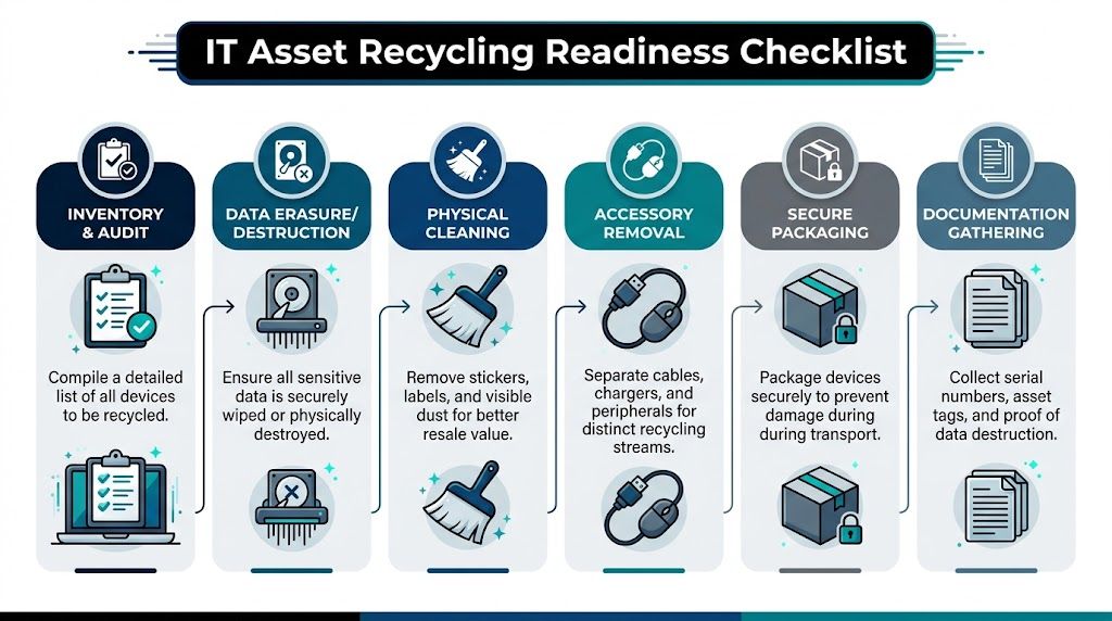A six-step checklist for preparing IT equipment for secure recycling, starting with inventory to final documentation.