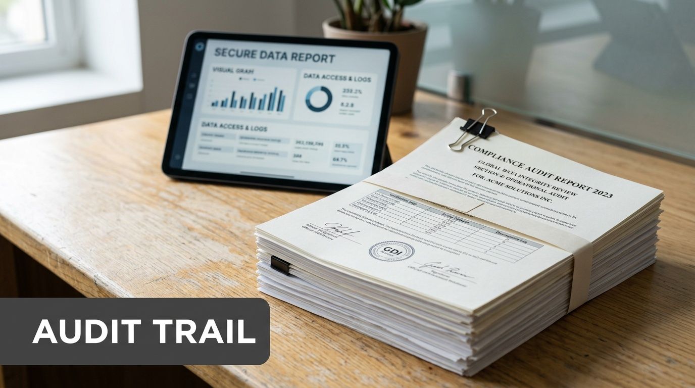 A stack of compliance audit reports and a digital tablet displaying data analytics on a wooden desk.