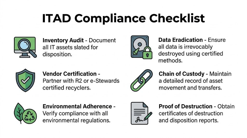 A professional infographic titled ITAD Compliance Checklist listing six essential steps for secure IT asset disposition.