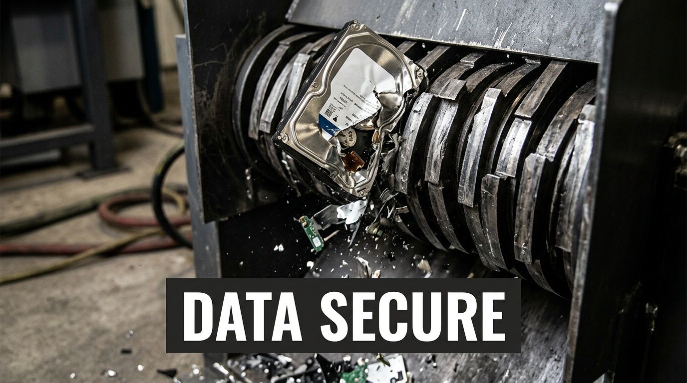 A mechanical industrial shredder destroying a hard drive to ensure complete data security and permanent destruction.