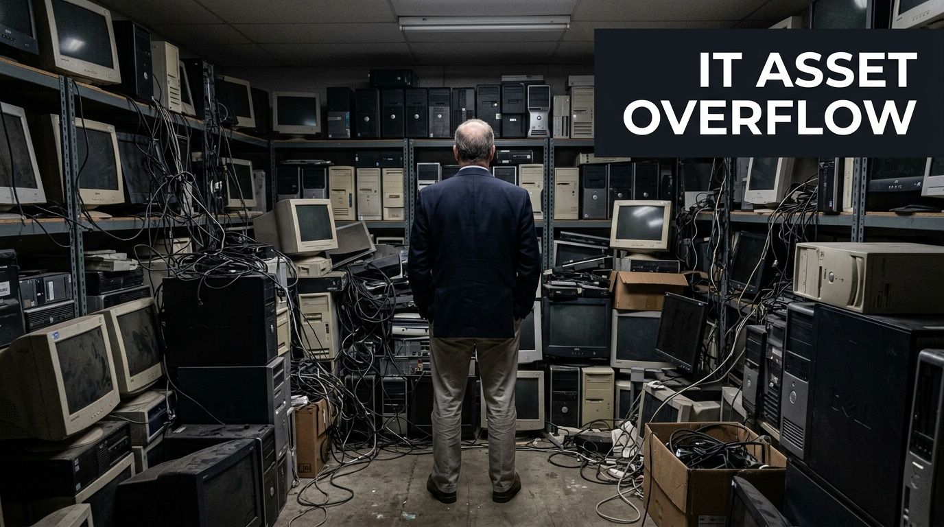 A man in a suit stands in a storage room filled with piles of obsolete computer equipment.