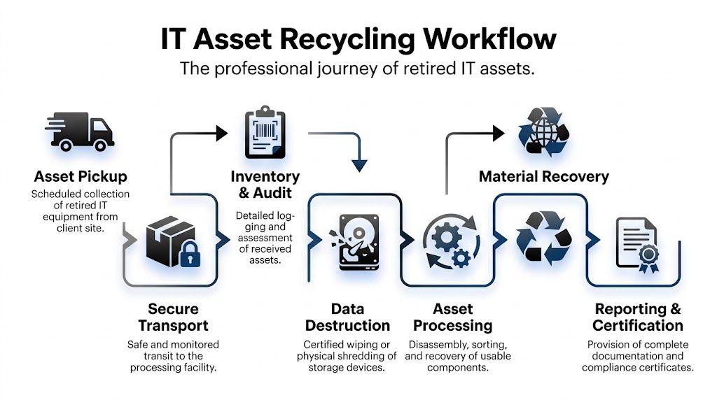 A professional IT asset recycling workflow infographic showing the steps from asset pickup to final certification.