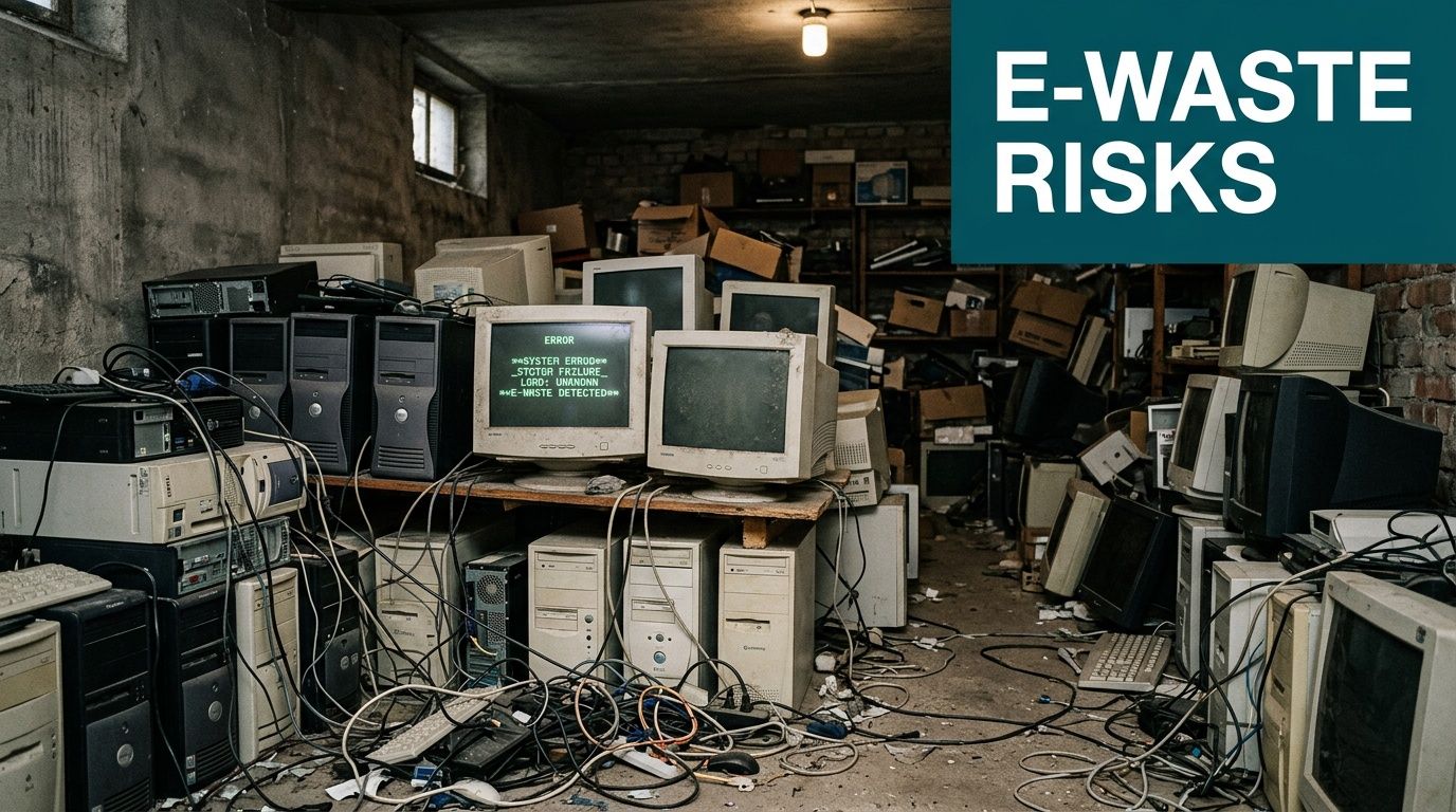 A cluttered room filled with discarded, outdated computer monitors and desktop towers representing electronic waste environmental hazards.