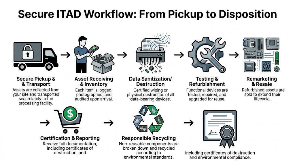 A diagram outlining the secure IT asset disposition (ITAD) workflow, from pickup and inventory to data destruction and recycling.