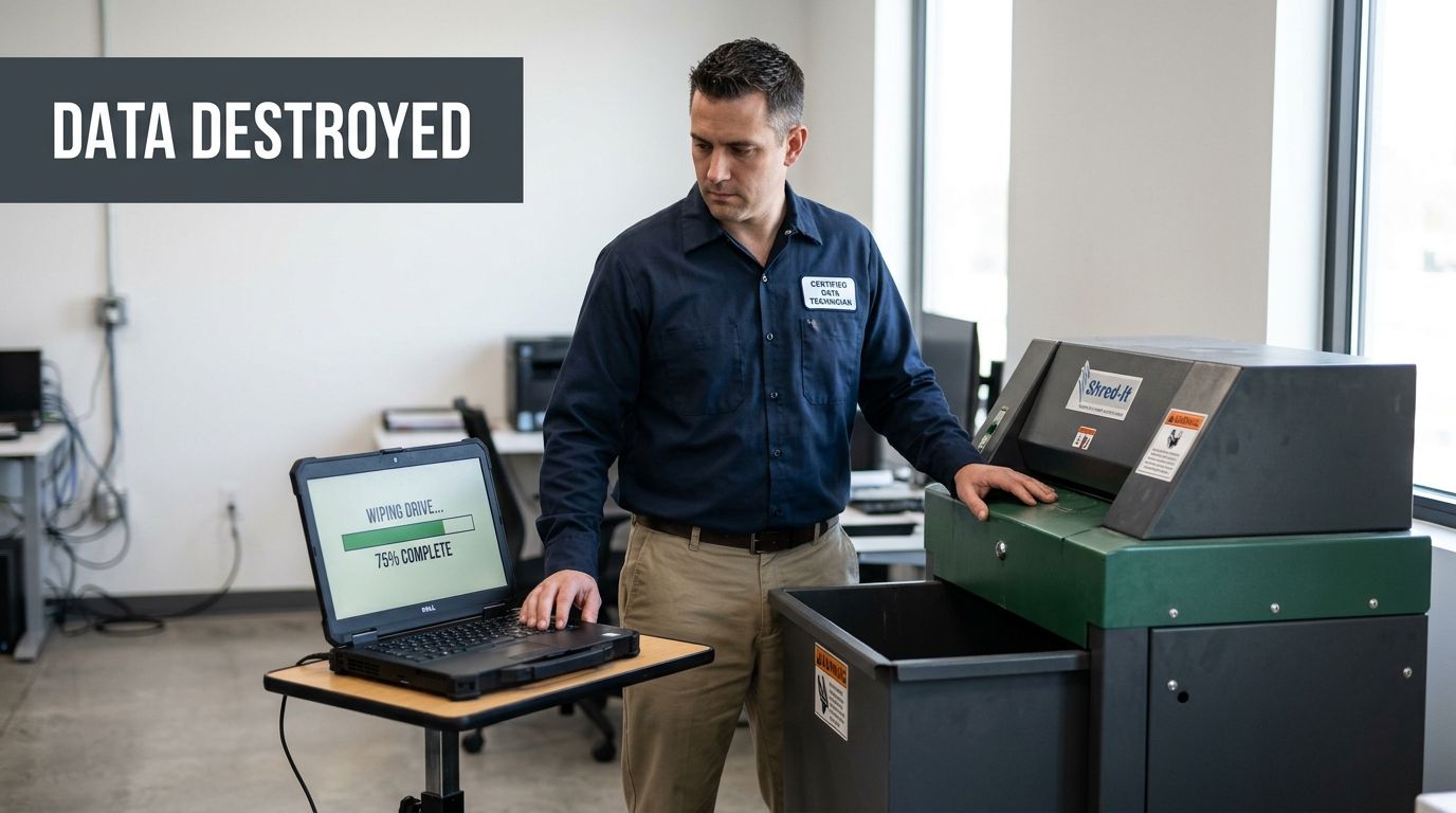 Certified technician erasing data from a laptop and operating a Shred-it machine for secure data destruction.