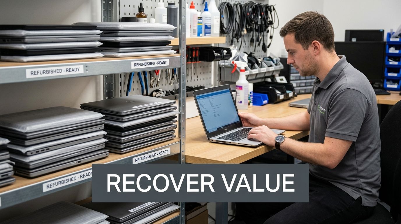 A technician works on a Dell laptop at a desk in a workshop with shelves of refurbished computers.