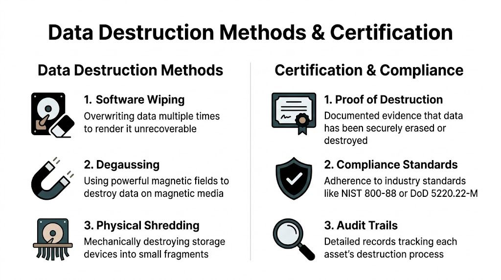 A visual guide explaining data destruction methods like wiping, degaussing, and shredding, plus certification and compliance steps.