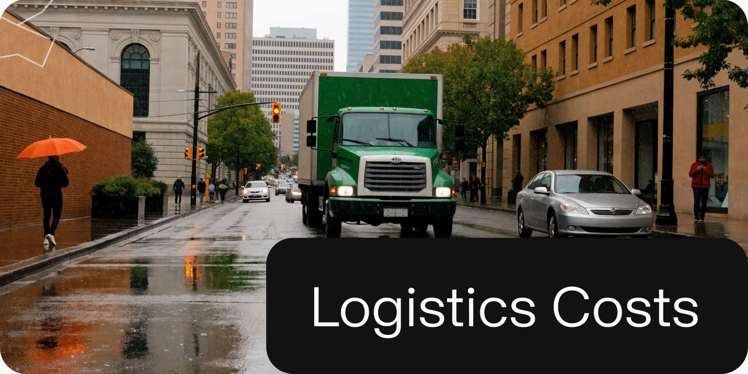 A rainy street scene in Austin featuring a green delivery truck, pedestrians, and city architecture.