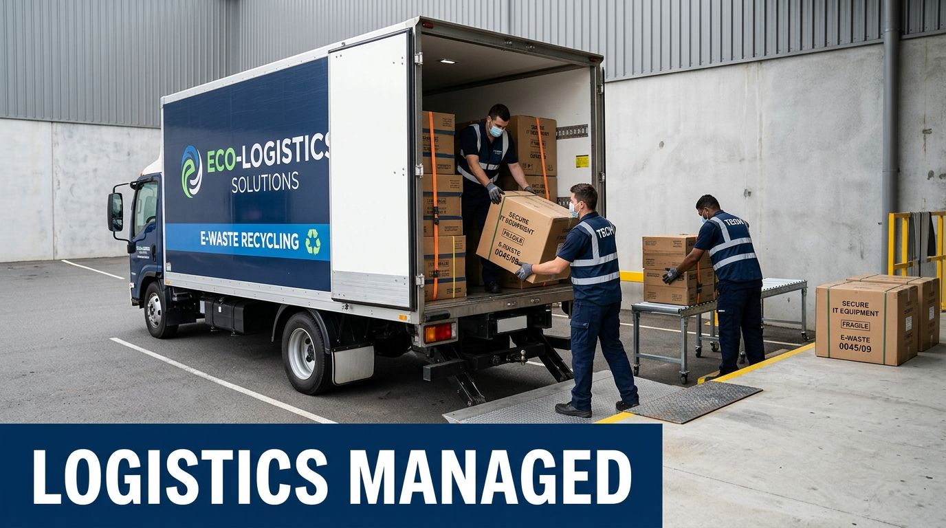 Professional movers loading secure IT equipment boxes into an Eco-Logistics Solutions recycling truck at a warehouse loading dock.