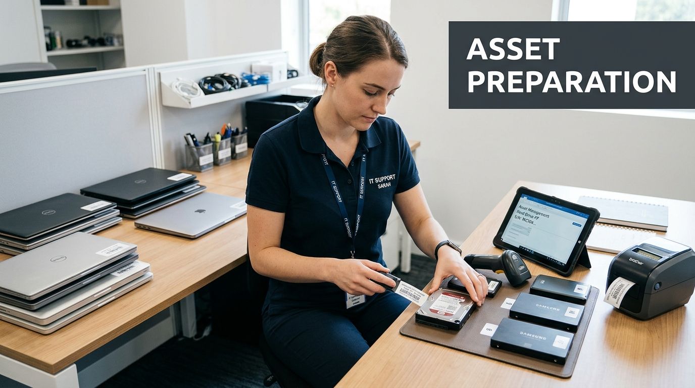 A professional IT support worker wearing a lanyard labels hardware components at an organized office workstation.