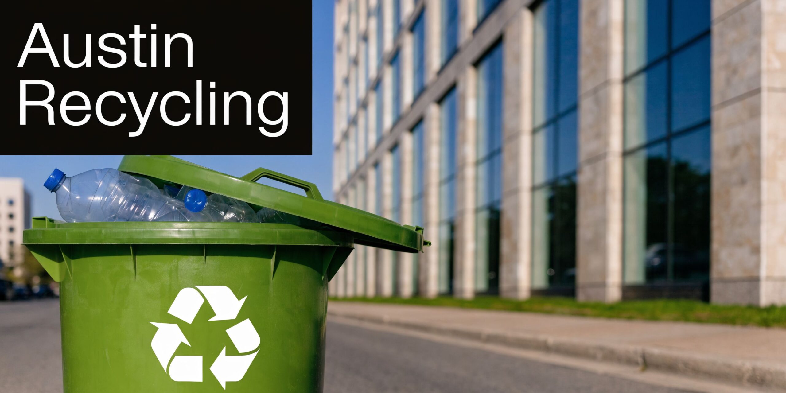 A green recycling bin filled with plastic bottles sitting on a city street near a modern office building.