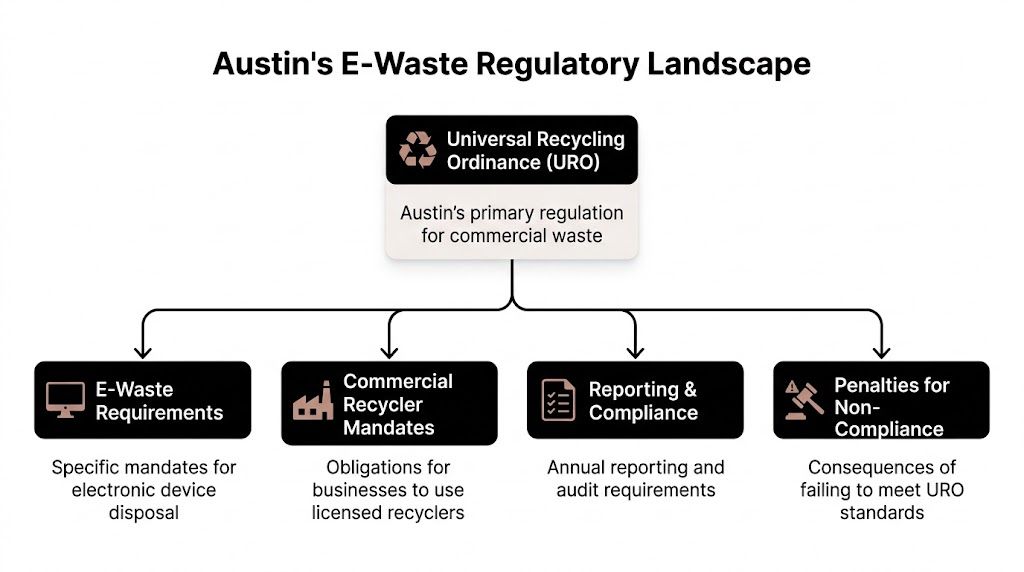 A chart illustrating Austin's E-Waste Regulatory Landscape, showing the Universal Recycling Ordinance and its four core components.
