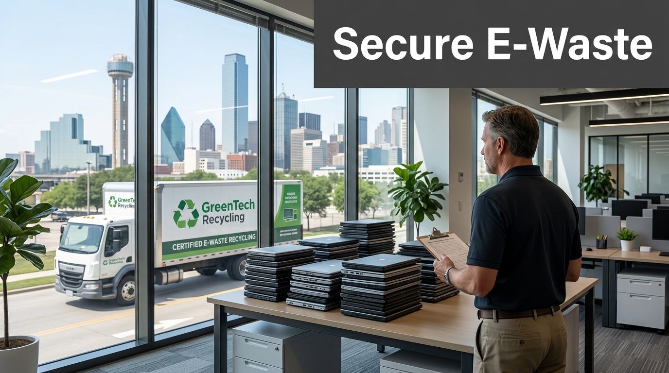 Man oversees GreenTech truck collecting stacks of laptops for secure e-waste recycling in Dallas.