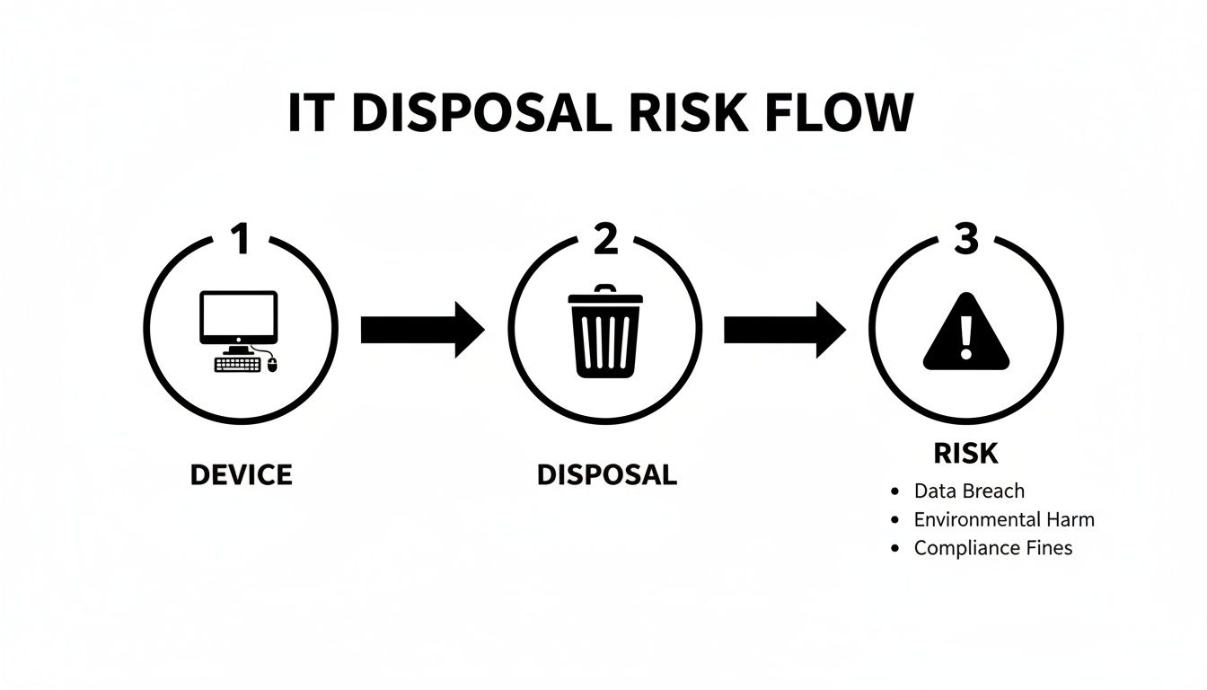 Diagram showing IT disposal risks: device, disposal, leading to data breaches, environmental harm, and compliance fines.