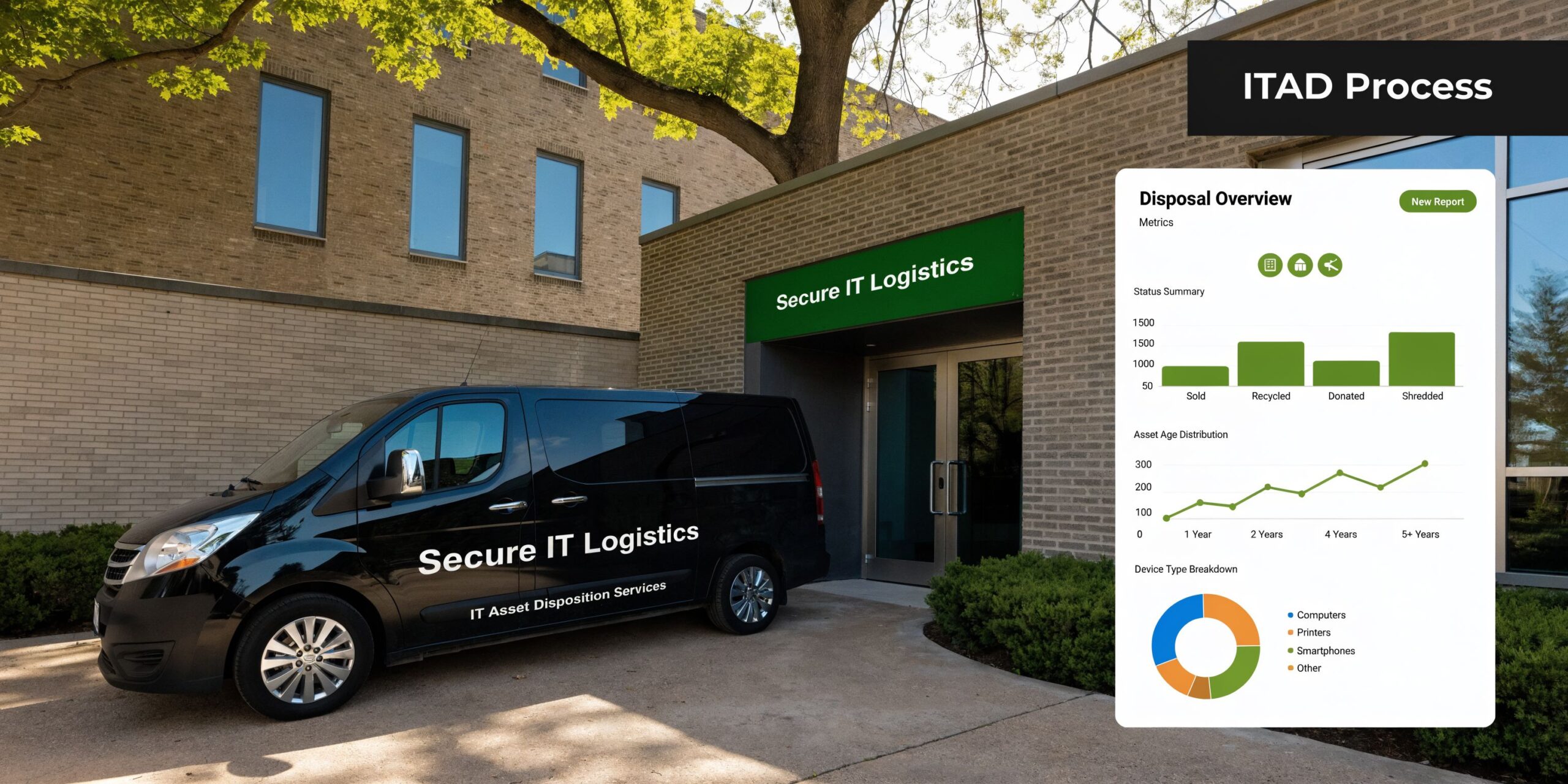 A black van for Secure IT Logistics parked in front of a brick building featuring a digital dashboard.
