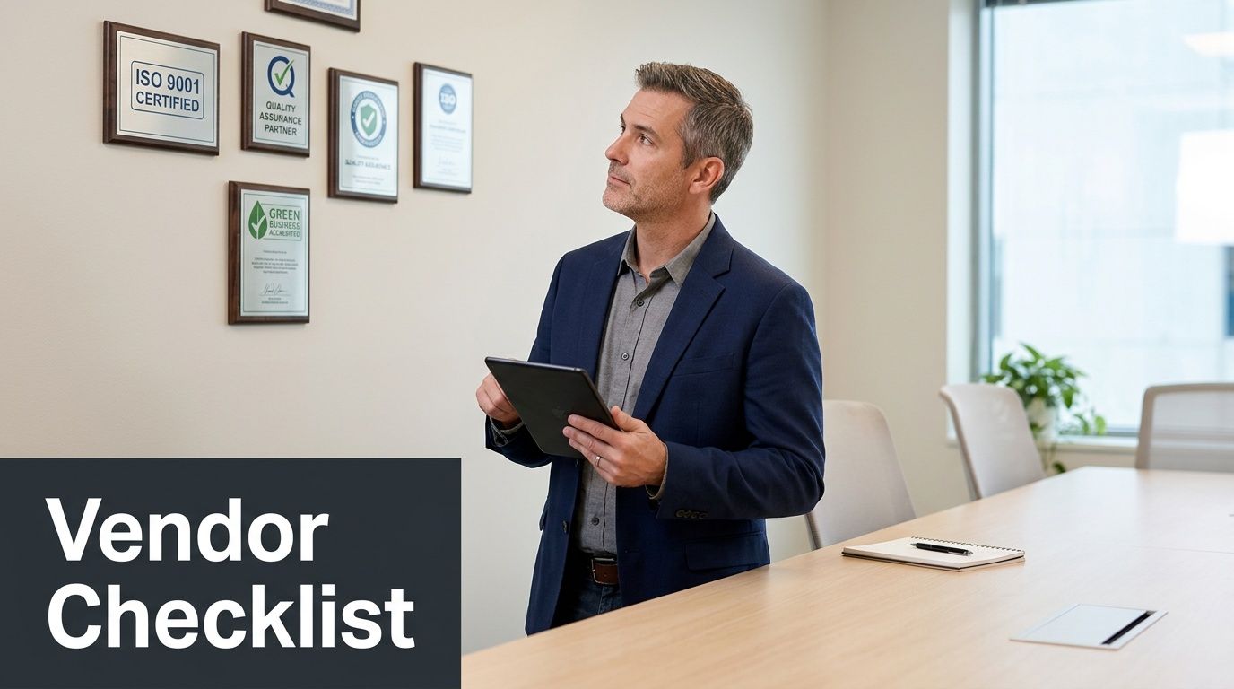 A man reviews framed certifications including ISO 9001 and Green Business, holding a tablet with a 'Vendor Checklist' overlay.