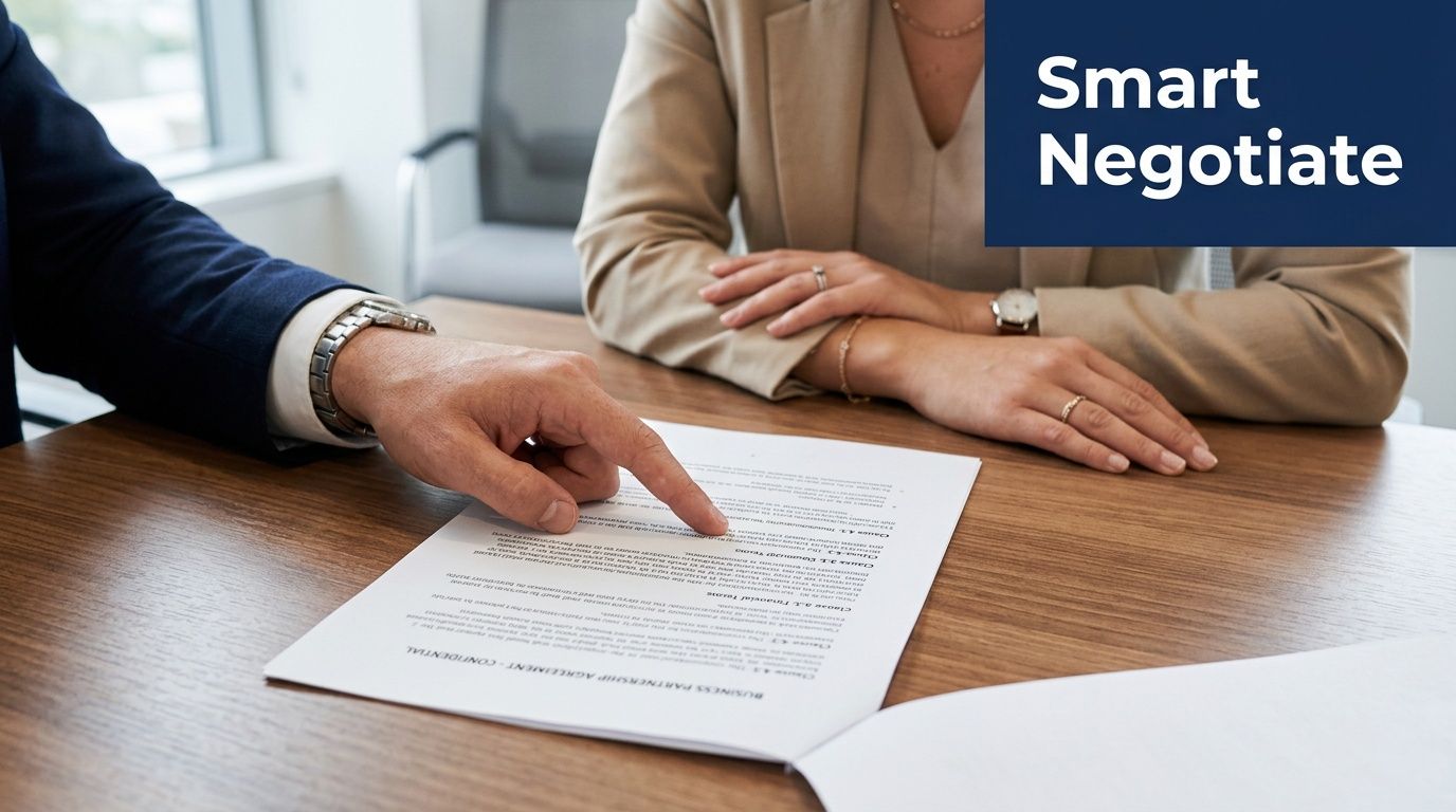 A professional business person pointing at a document during a negotiation meeting with a colleague at a table.