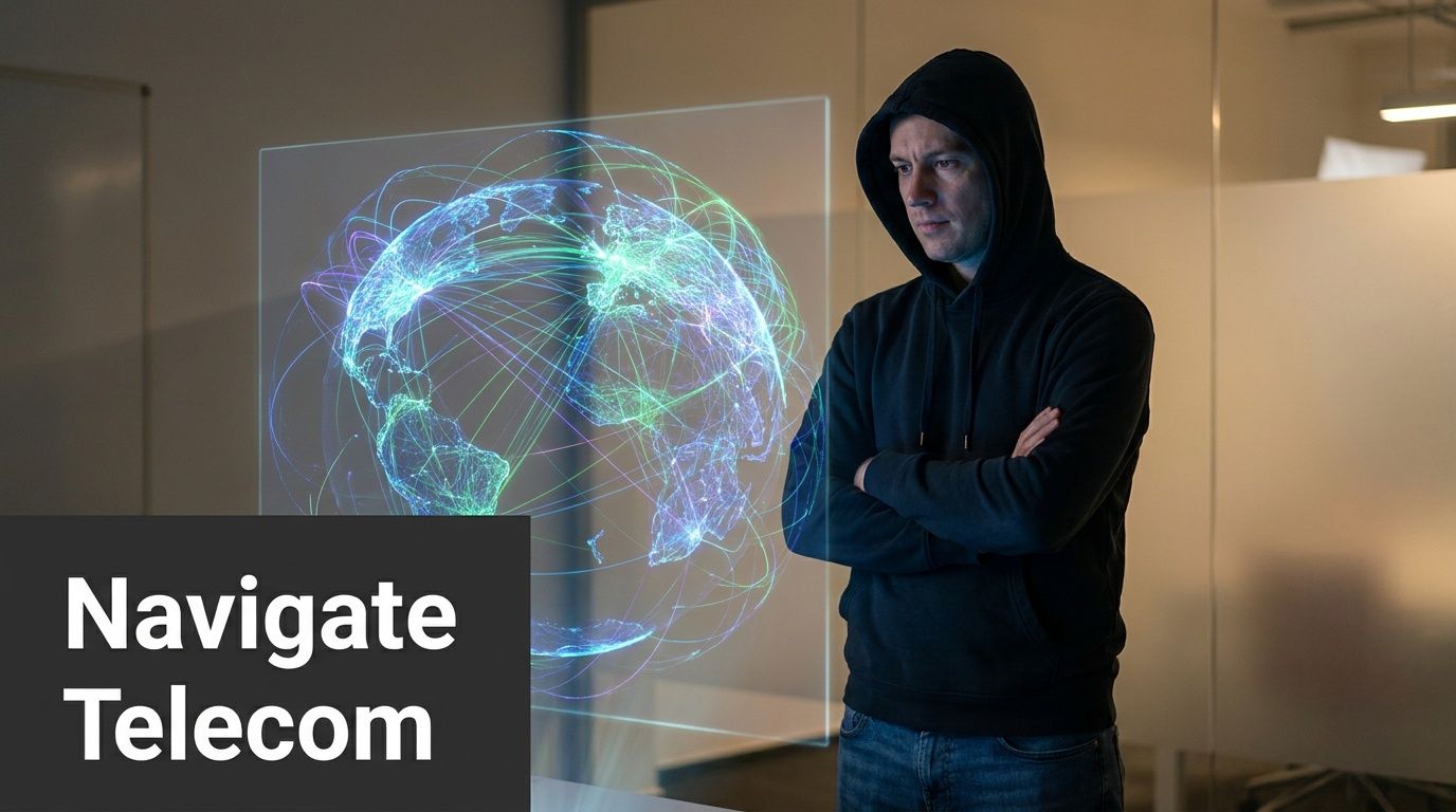 A man in a black hoodie stands in a modern office looking at a glowing digital globe.