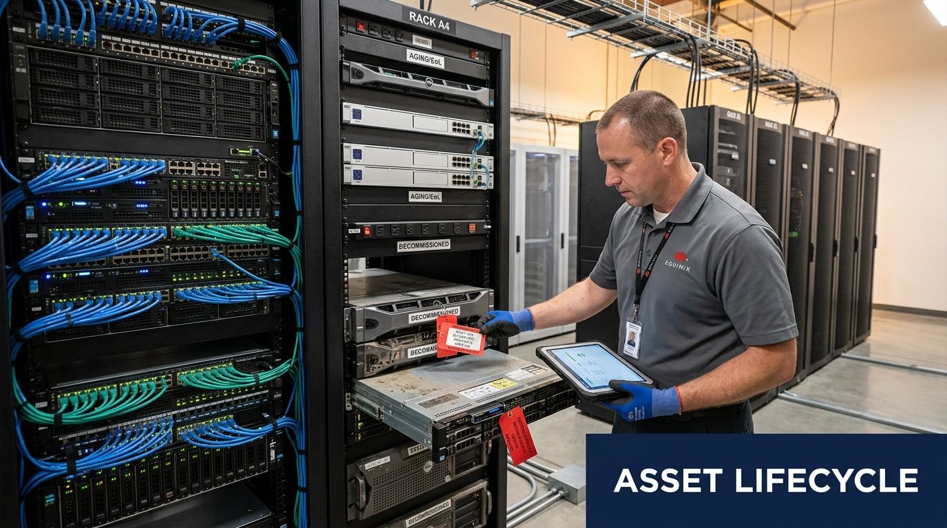 An IT professional in a data center managing equipment decommissioning with a tablet and server tags.