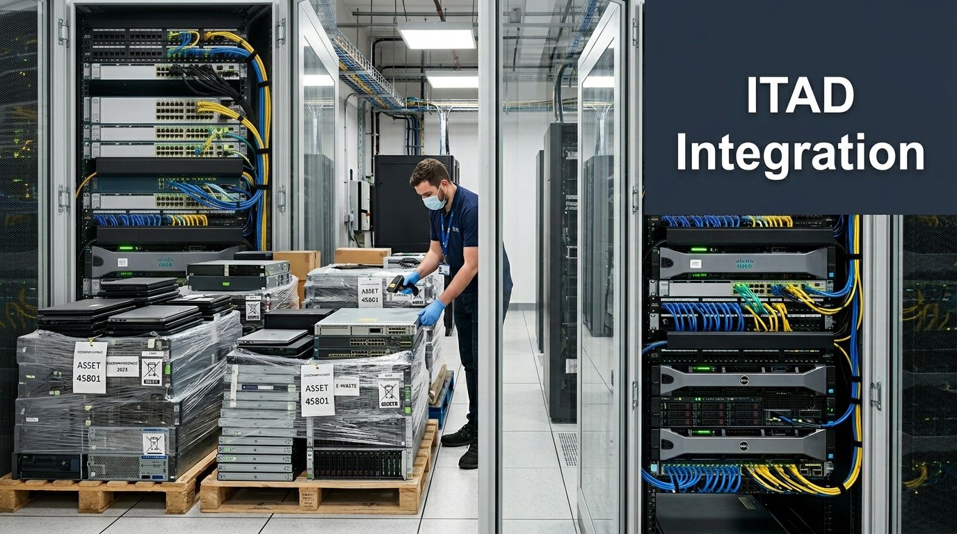A technician wearing a mask and gloves scans decommissioned IT equipment for asset recovery in a data center.