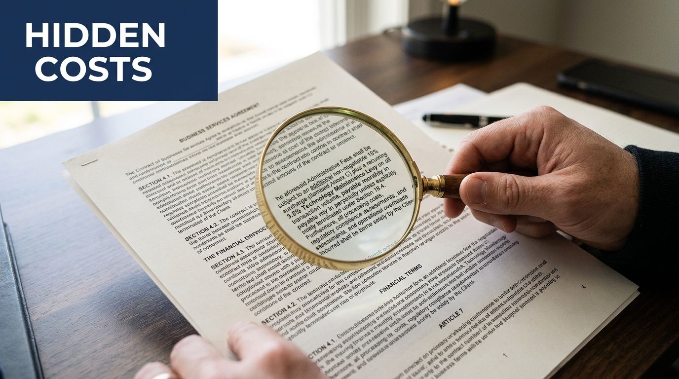 A magnifying glass focusing on hidden financial costs and fees in a formal business services agreement contract.