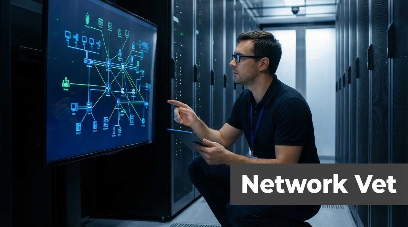 A professional technician monitoring a complex network server architecture on a digital screen in a data center.