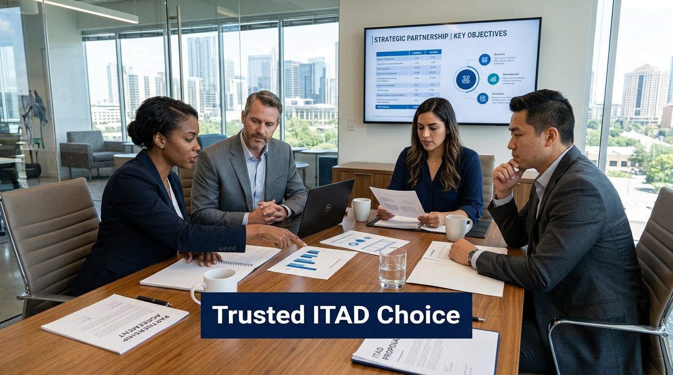 A professional team of four colleagues holds a collaborative business meeting in a bright, modern corporate office.