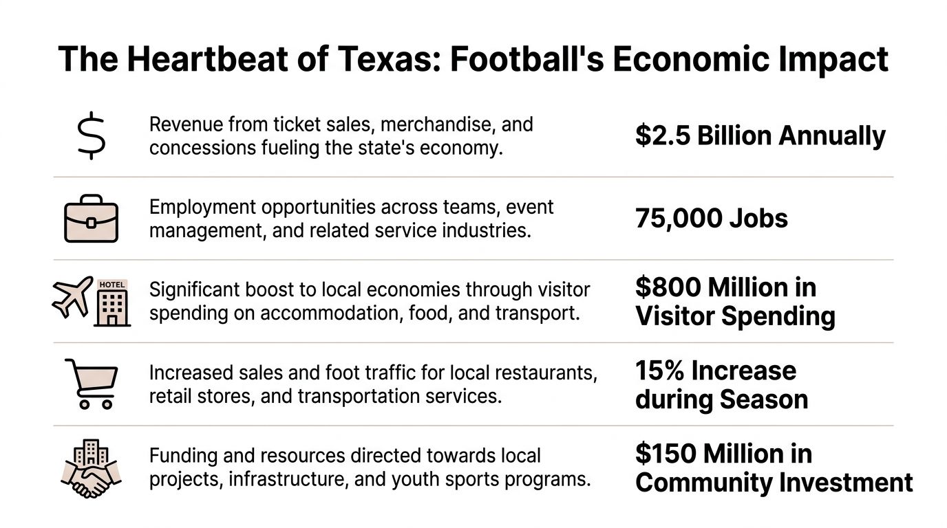 An infographic titled The Heartbeat of Texas detailing the economic impact of football through five key metrics.
