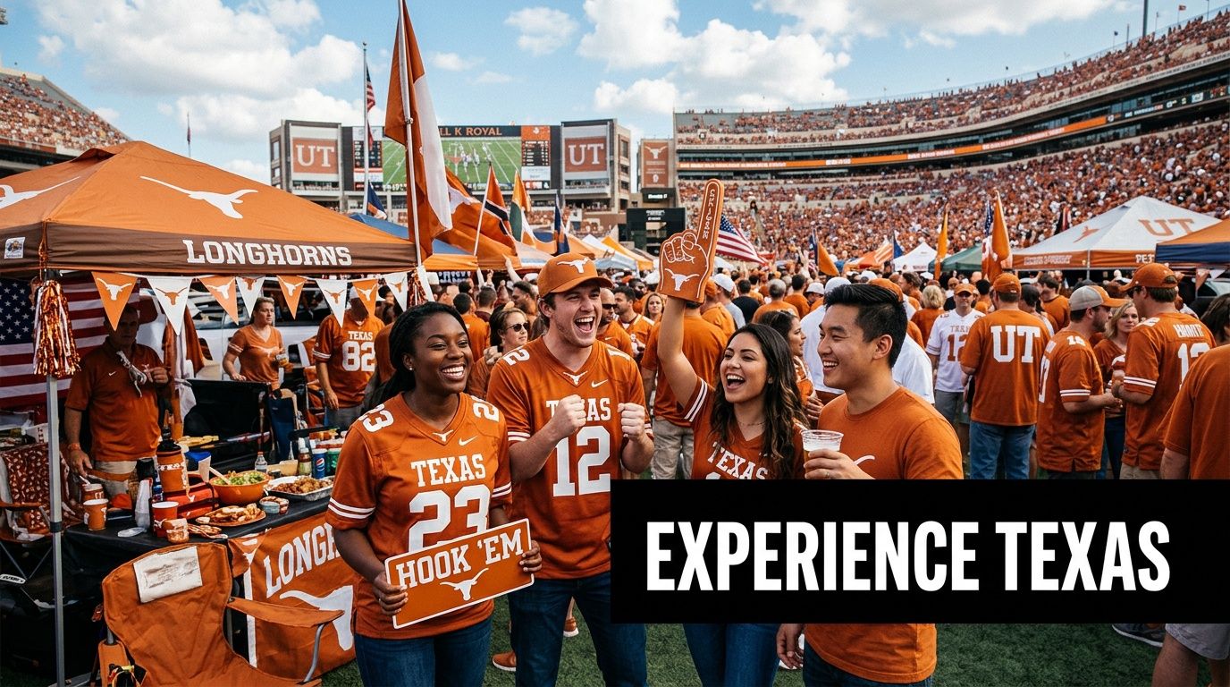 A group of happy fans in Texas Longhorns jerseys celebrating during a game day tailgate party outdoors.