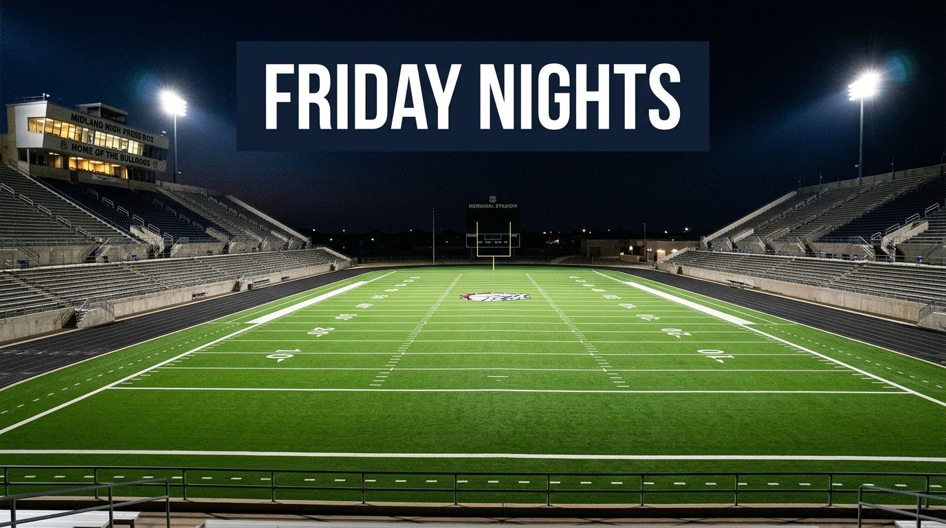 A night view of an empty Midland High School football stadium with bright field lights illuminated.