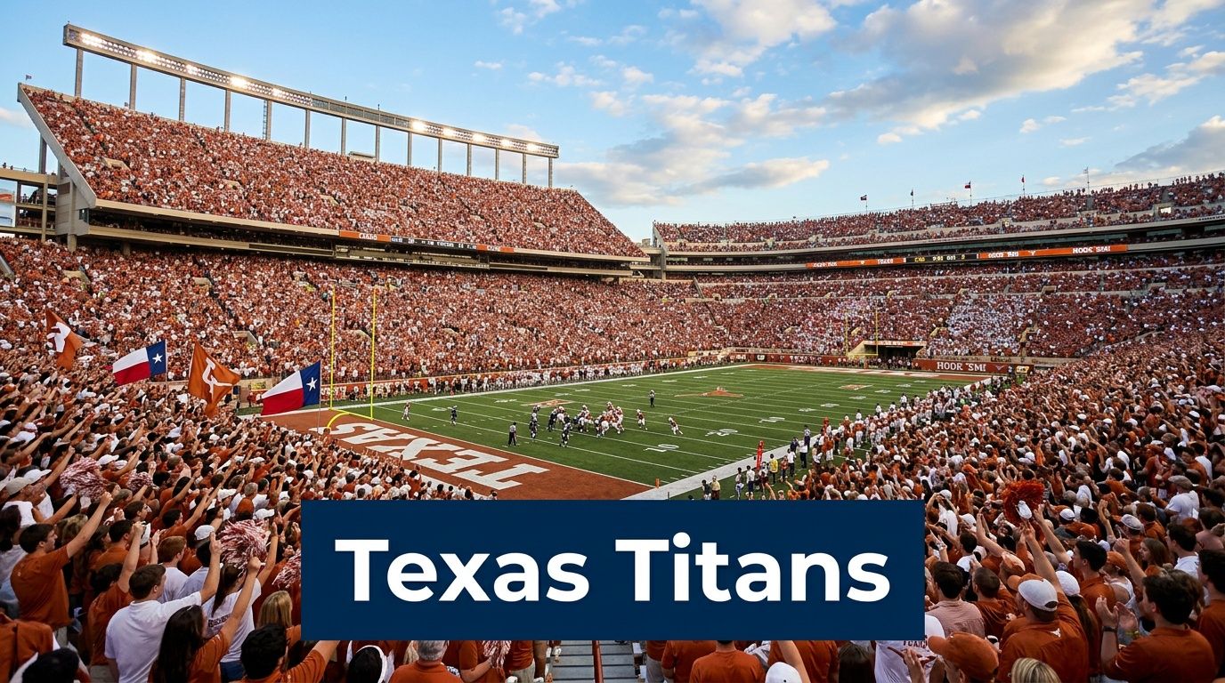 A large stadium packed with cheering fans wearing orange to support the Texas Longhorns football team.