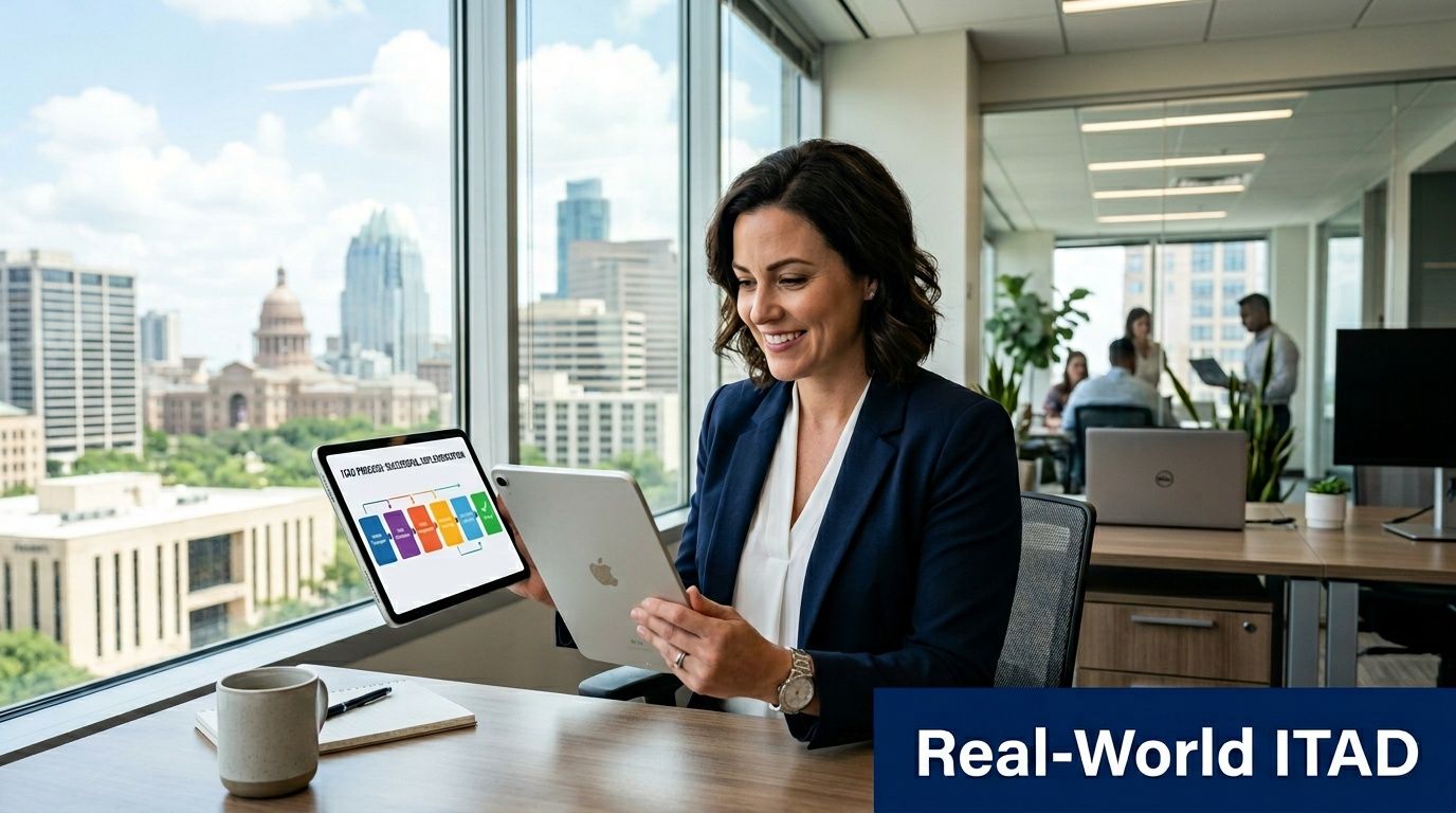 A professional woman in a business suit holding a tablet inside a bright office overlooking Austin, Texas.