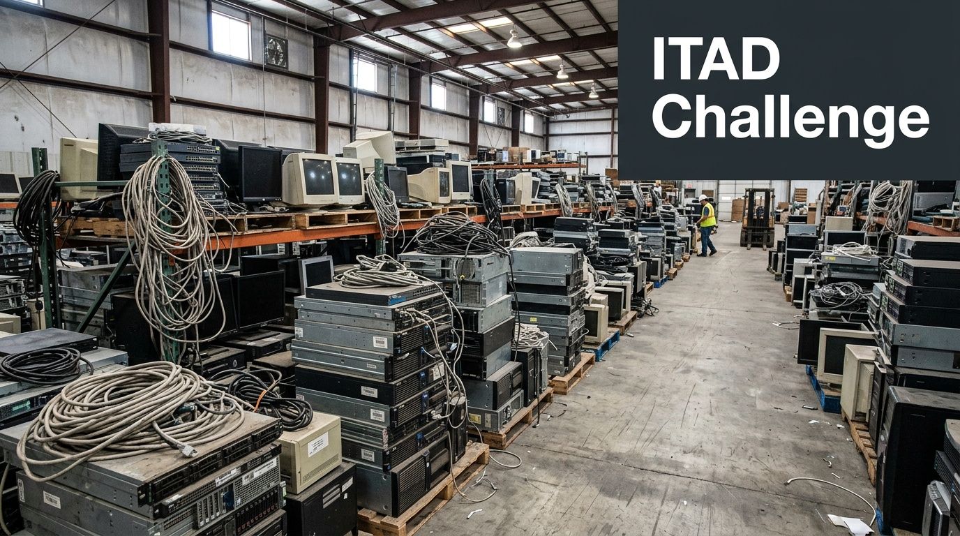A large warehouse storage facility filled with stacks of old computer monitors, servers, and tangled ethernet cables.